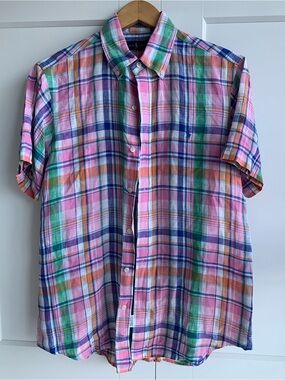 Ralph Lauren 100% Linen Madras  Plaid Short-Sleeve Button-Down Shirt Men's L